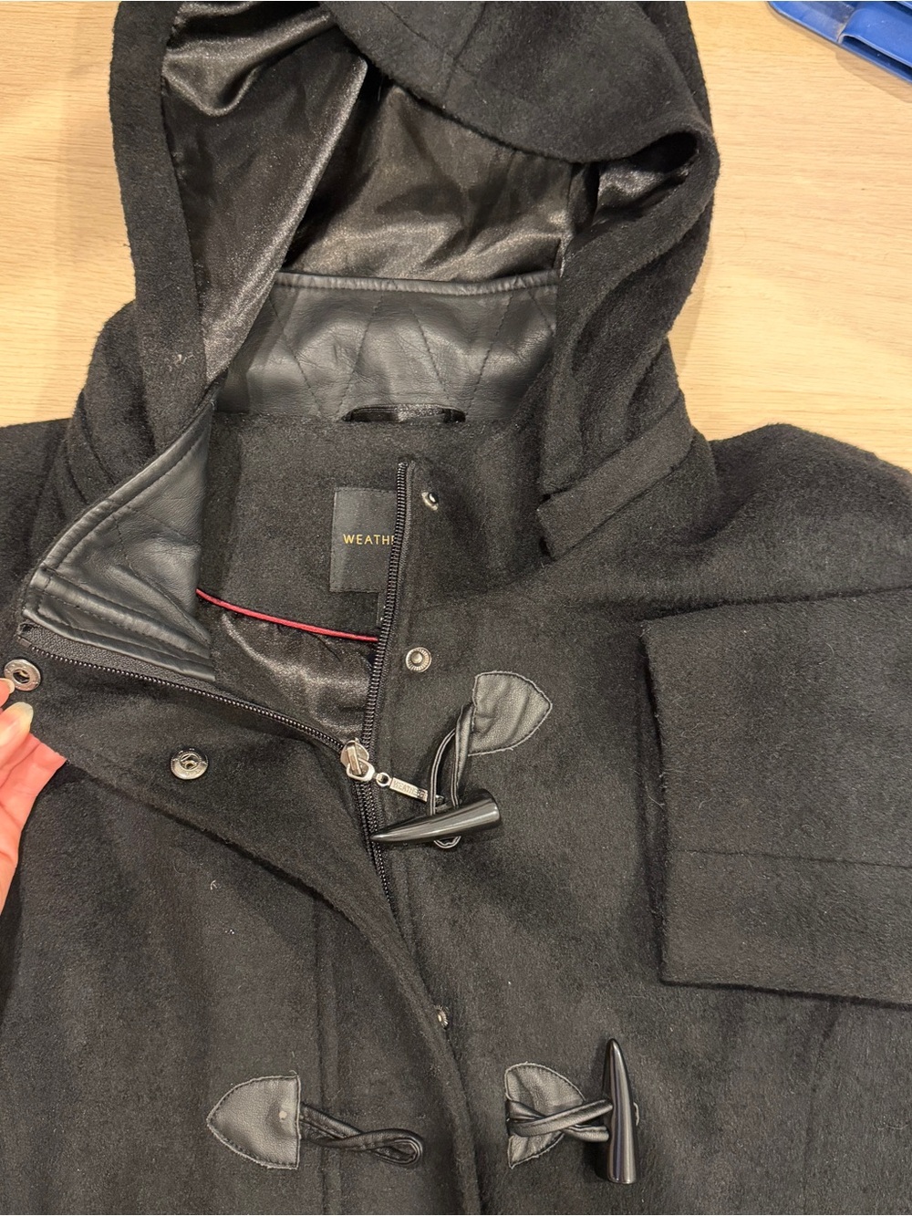 Weatherproof Black Hooded Pea Coat with Toggle Closures